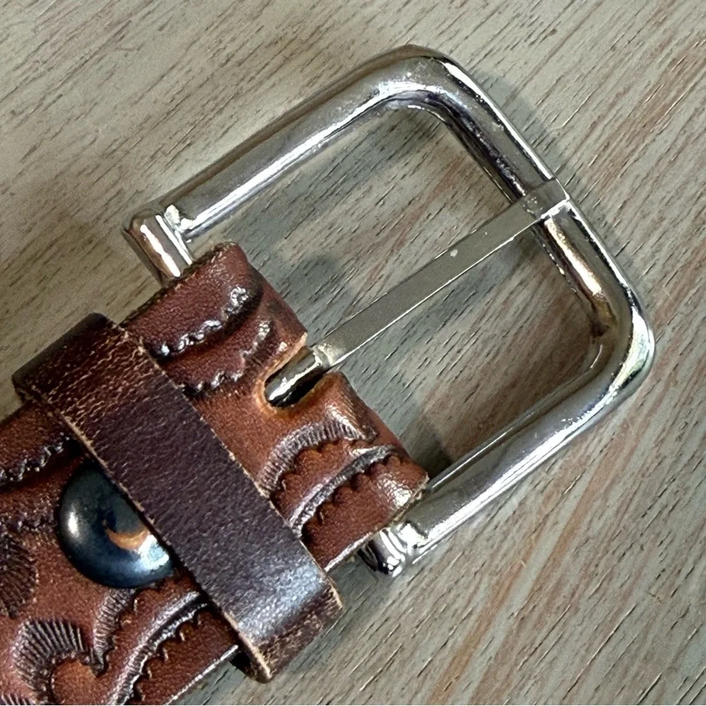 Western Tooled Brown Leather Cowboy Belt Size 45 Made In USA Scrollwork